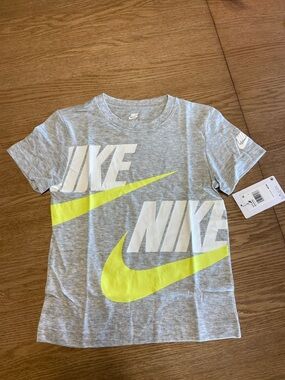 Nike Kids Gray Tee with Neon Yellow Swoosh Logo